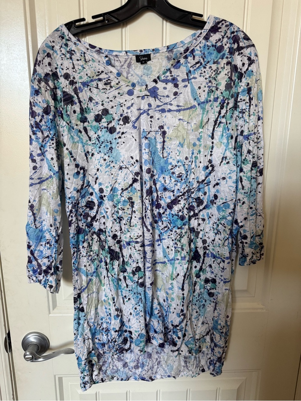 Shana Watercolor Splash V-Neck Blouse - Blue & Teal